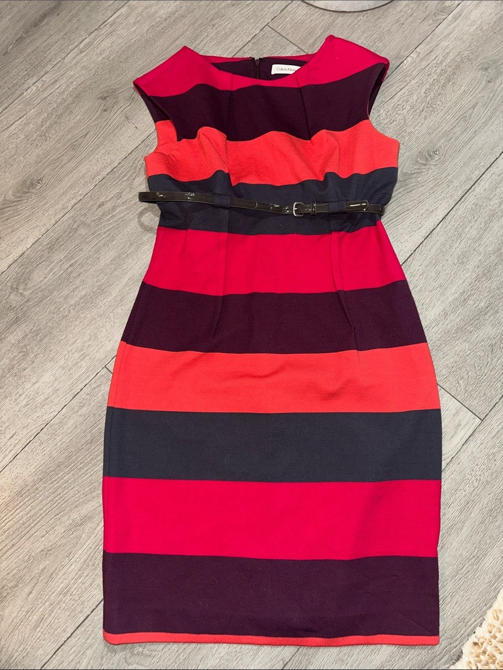 Calvin Klein Striped Sleeveless Midi Dress in Pink, Coral & Navy size 8